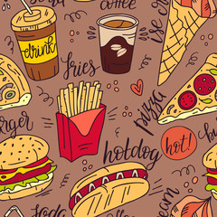 Seamless pattern of fast food products. Color illustration of a sketch of street food and cafe isolated on a dark background. Hand drawn illustration.