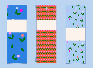 A set of bookmarks. Simple cute tulip pattern on blue and orange background. Tags, labels with floral print. Colorful flyers with place for text, small message. Vector illustration vertical banners