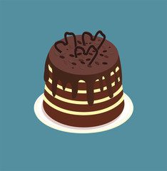 Whole chocolate vanilla sponge cake. cake on a platter. Isometric dark chocolate cake with confiture, with sprinkle. Puff dessert with cream for cafes, bakeries, menus, web applications, games.