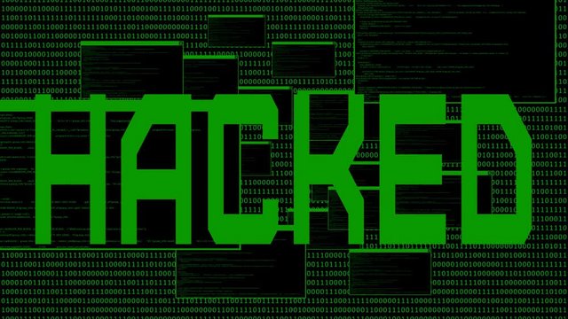 Animation of computer monitor screen showing windows code and text alert sign warning and blinking that the system had been hacked or infected by network virus.