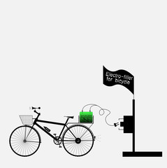 Black bicycle with green accumulator and electro-filler with inscription on the flag - vector illustration