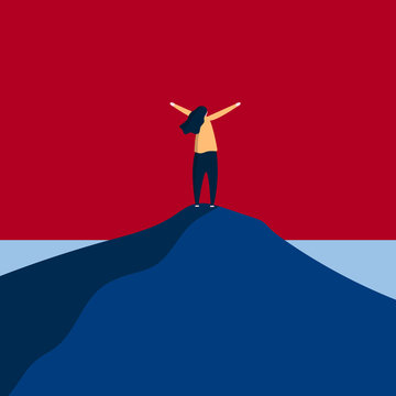 happy woman standing on top of mountain. flat vector illustration.