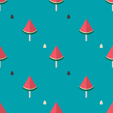 watermelon seamless pattern, watermelon ice cream, watermelon on stick. Vector illustration seamless pattern flat design.