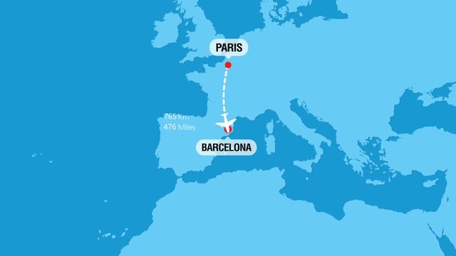 Paris to Barcelona Flight Travel Route