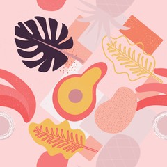 Collage contemporary floral seamless pattern. Modern exotic jungle fruits and plants. Creative design leaves pattern, hand drawn watercolor vector illustration. Monstera print © elenaverhoturova