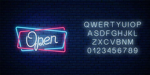 Neon open hand drawn sign in geometric shapes with alphabet. Round the clock working bar and nightclub signboard - obrazy, fototapety, plakaty