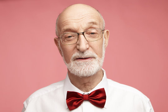 Close up image of handsome charming mature seventy year old male with wrinkles, bald head and thick gray beard looking at camera with wise facial expression against pink studio wall background