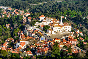 Aerial view of the national palace of Sintra.  Sintra National Palace, view from the Moorish castle, Portugal
