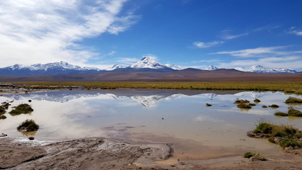 A valley in the highlands of the Atacama Desert along the road to El Tatio Geysers, with lagoons and the snowy volcanoes of the Andes in the background, Chile