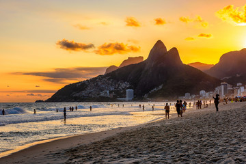 Sunset view of Ipanema beach, Leblon beach and the Mountain Dois Irmao in Rio de Janeiro. Brazil