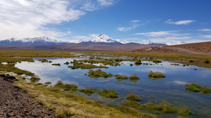 Fototapeta na wymiar A valley in the highlands of the Atacama Desert along the road to El Tatio Geysers, with lagoons and the snowy volcanoes of the Andes in the background, Chile