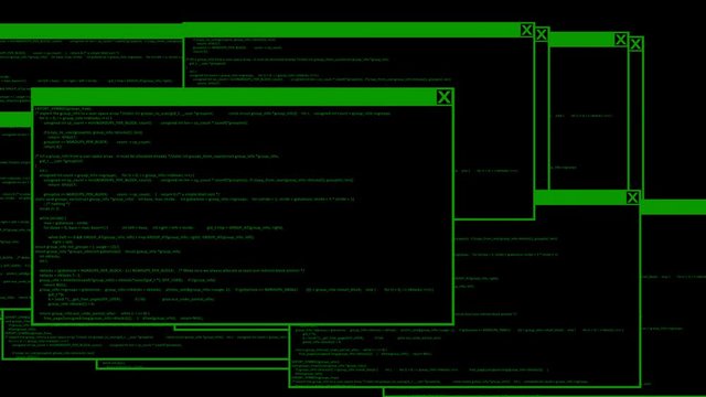 Animation of computer monitor screen showing windows code and text alert sign warning and blinking that the system had been hacked or infected by network virus.