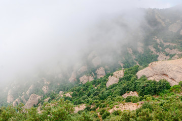 Hazy unusual mountains with green trees and cloudy sky near Montserrat Monastery,Spain