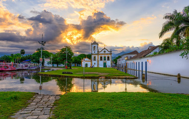 Historical center of Paraty at sunset, Rio de Janeiro, Brazil. Paraty is a preserved Portuguese...