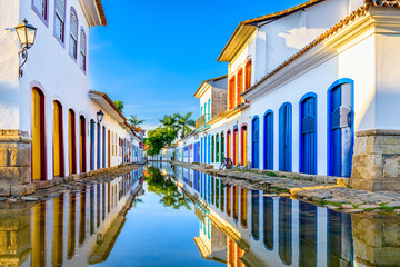 Street of historical center in Paraty, Rio de Janeiro, Brazil. Paraty is a preserved Portuguese...