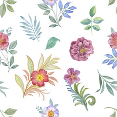 Seamless watercolor flowers pattern. Hand painted flowers of different colors. Flowers for design. Ornament flowers and leaves.