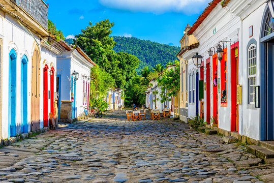 Street of historical center in Paraty, Rio de Janeiro, Brazil. Paraty is a preserved Portuguese colonial and Brazilian Imperial municipality