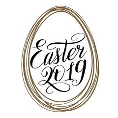 Obraz premium Easter 2019. Black cursive in golden egg shaped frame. Holiday script lettering. Design element. Calligraphic hand written inscription. Vector illustration.