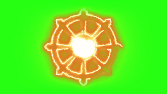 Buddhism Symbol Burning in Flames in Green Screen Background