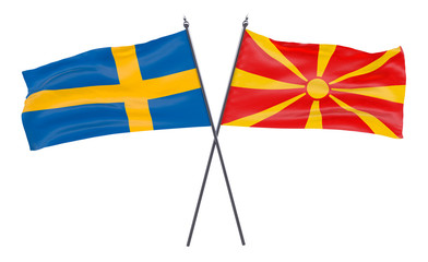 Sweden and Macedonia, two crossed flags isolated on white background. 3d image