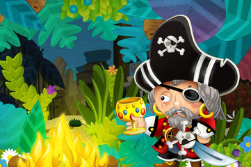 cartoon scene with pirate and treasure in the jungle - illustration for children