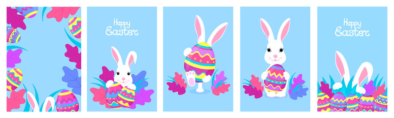 Happy Easter. A set of greeting designs with bunnies and painted eggs. White rabbit cartoon character.