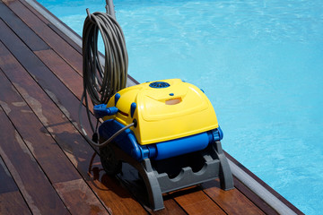 Pool cleaner during his work. Cleaning robot for cleaning the botton of swimming pools.