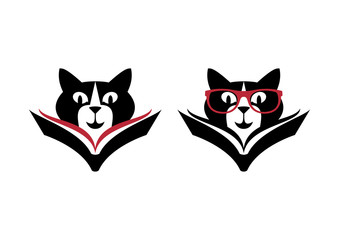 Smart cat icon set vector. Cat reading book vector. Cat with glasses icon vector. Clever cat head icon set
