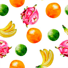 Watercolor bright fruit summer pattern, orange, banana, pitahaya, lime