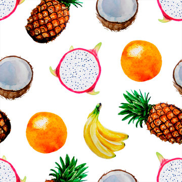 Watercolor bright fruit summer pattern, orange, pineapple, coconut, banana, pitahaya