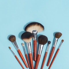 Makeup brush set, professional makeup tools, brushes for different functions on ligth-blue background