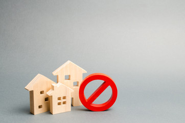 No Sign and the wooden house on an gray background. Unavailability of housing, busy or low supply....