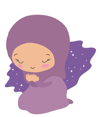 A cute muslim woman in a scarf on a purple background. Vector illustration. 