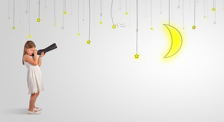 Cute little girl looking through spyglass to lighting bulbs
