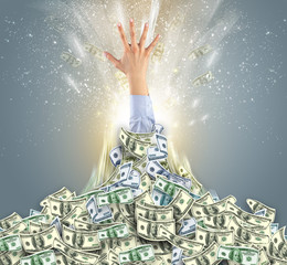 Hand bursting from a huge money pile
