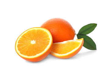 Fototapeta na wymiar Fresh oranges with leaves isolated on white