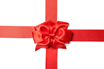 Red ribbon with bow on white background. Festive decoration