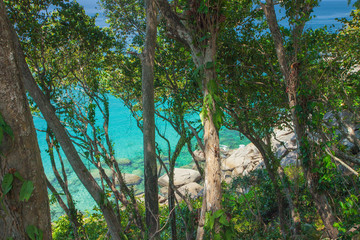 Sea view through rainforest. Round large stones and azure clear water. Beautiful Paradise lagoon. Thailand. Andaman sea.