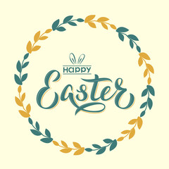 Happy Easter hand lettering text with floral wreath. Happy Easter sign with bunny ears in branch round frame. For Easter logotype, badge, postcard, invitation, poster, banner. Vector seasonal greeting