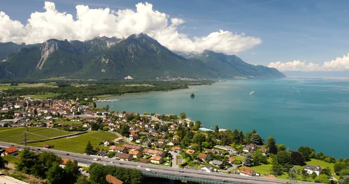 Panorama view of Montreux city with Swiss Alps, lake Geneva and vineyard on Lavaux region, Canton Vaud, Switzerland, Europe.