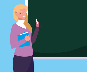 teacher female with chalkboard and book