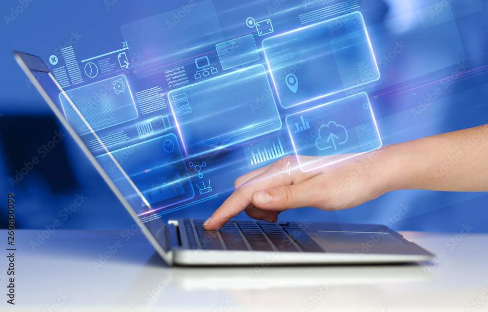 Poster hand using laptop with database reports and online work concept