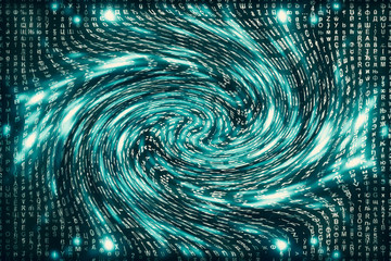 Fototapeta premium Blue matrix digital background. Distorted cyberspace concept. Characters fall down in wormhole. Hacked matrix. Virtual reality design. Complex algorithm data hacking. Cyan digital sparks.
