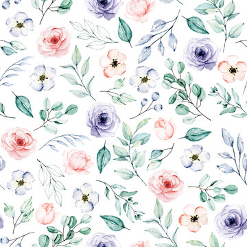 Seamless background, floral repeat pattern with watercolor flowers and leaf. Fabric wallpaper print texture. Hand painting vintage design perfectly for wrapping paper, backdrop, frame or border.