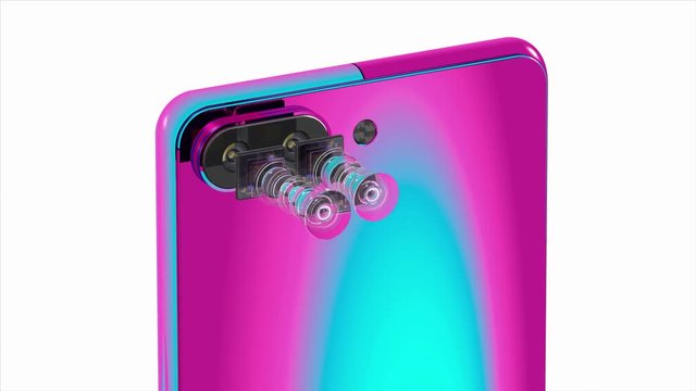 Mobile phone dual camera concept, two smartphone sensors, optical layout wide 16x9 format, 3D rendering, pearlescence of cameraphone body, isolated on white