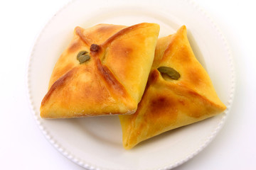 Chicken esfiha of arabic origin traditionally adapted for brazilian cuisine on plate on white background
