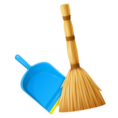 Set of realistic broom and blue plastic dustpan with yellow stripe. Housework tools for cleaning garbage in house. Cleaning service elements. Isolated on white background. Eps10 vector illustration.