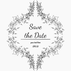 Wreath of roses flowerss branch on a white background. Hand drawn vector illustration. Save the date.