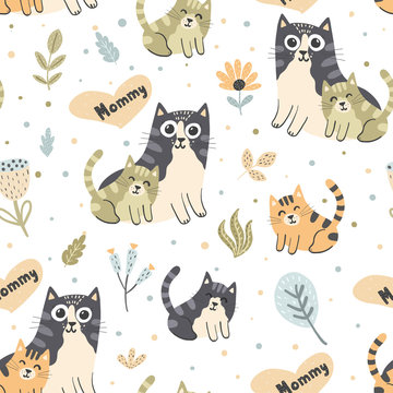 Mother cat with kitten seamless pattern. Cute background in childish style. Vector illustration