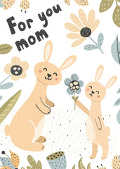 Cute baby bunny gives his mom a flower. Mother and baby  vector illustration
